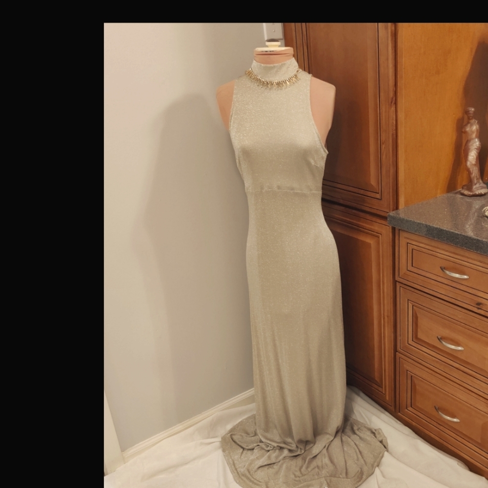 70s minimalist lurex column neutral luxury maxi dress USA  matte lined  M